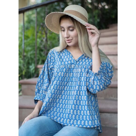 Sohana Collar Top Blue Tan Print Puff Sleeves Womens Size Medium - Picture 1 of 7